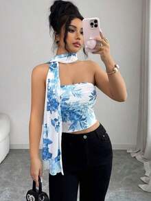 Top de camisola plisado con decoración de bufanda de malla elegante para mujeres - Azul - Ver 3