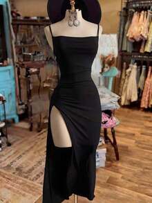 Vestido con abertura de unicolor para mujer - Negro - Ver 3