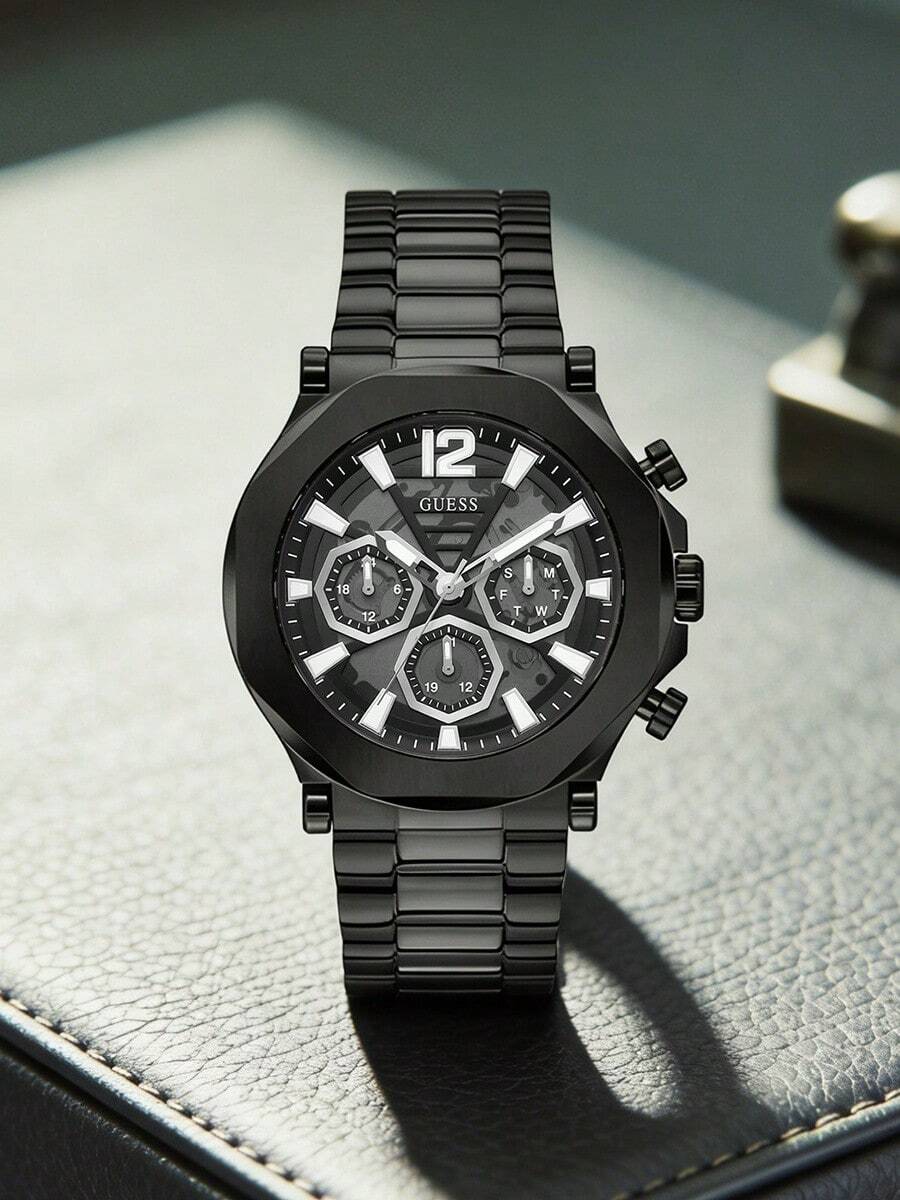 Guess Men's Quartz Watch All Black Multi Dial Wristwatch Stainless Steel Bracelet Skeleton Dial Chronograph Watch for Office Party Streetwear Casual Dating Ideal Gift for Him on Birthday Anniversary Valentines Day Perfect for Modern Professional Fashion Style Eniversary Valentines Day Perfect for Modern Professional Fashion Style Enthusiasts - 黑色 - 查看 1