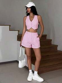 Conjunto de chaleco sin mangas y pantalones cortos a rayas azul y blanco, apto para primavera/verano y otoño/invierno - Rosa - Ver 3