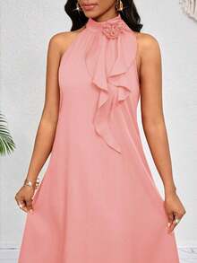Lady Vestido de longitud media naranja con decoración de volantes florales tridimensionales en el cuello.Elegante y holgado para damas.Ideal para vacaciones de primavera y verano.Estilo bohemio. - Rosa vieja - Ver 1
