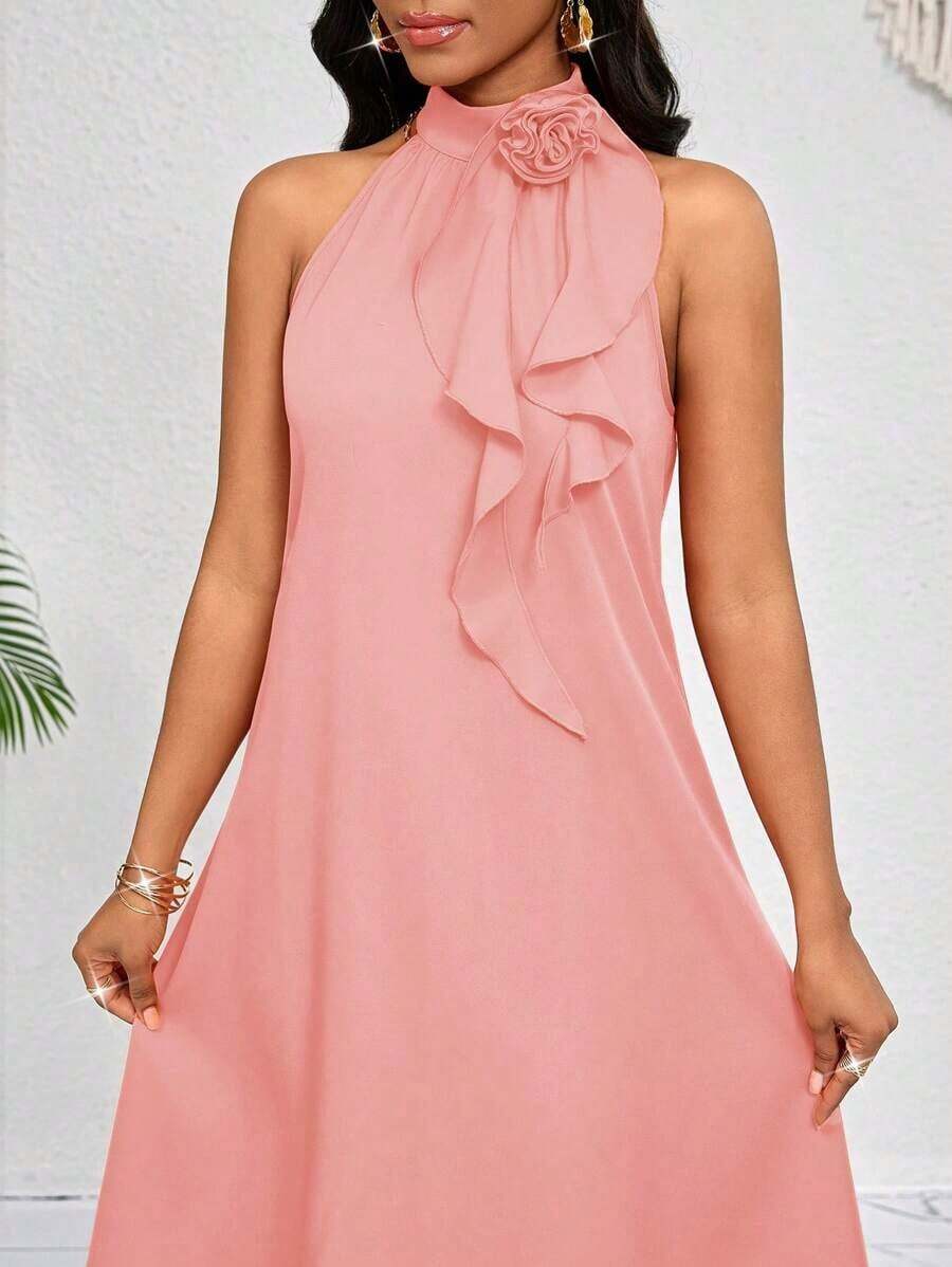 Lady Vestido de longitud media naranja con decoración de volantes florales tridimensionales en el cuello.Elegante y holgado para damas.Ideal para vacaciones de primavera y verano.Estilo bohemio. - Rosa vieja - Ver 1