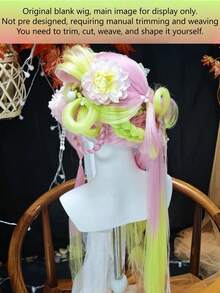 Wig Kepang Ombre Pra-Tata 32 Inci 480g, Wig Sintetis Gradien Merah Muda Kuning Hijau untuk Cosplay Hanfu, Gaya Kuno Cina dengan Poni - Ombre - View 3
