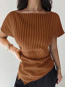 Blusa asimétrica casual y elegante a cuadros, adecuada para ir al trabajo, uso casual diario y vestimenta de negocios de moda para mujer / Vuelta al colegio / Profesora / Blusas para salir / Blusas para salir / Mujer de negocios casual / Camisa a - Marrón - Ver 5