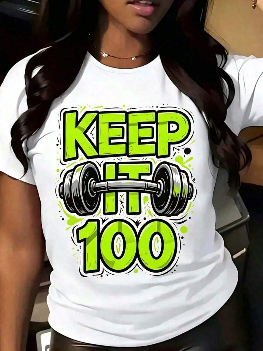Camiseta gráfica de manga corta para mujer "Keep It 100" - Diseño de texto tridimensional plateado - Camiseta casual de cuello redondo para uso diario y ocio. - Blanco 5 - Ver 1