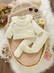 Infant Knit Set, Baby Girl Korean Style Cream White Large Collar Ruffle Knit Long Sleeve Pullover Sweater, Footed Leggings Versatile Outfit For Baby Girls - Beige - View 2