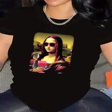 Women's Chic Cotton Short Sleeve Round Neck T-Shirt With Mona Lisa Sunglasses Print, Casual And Sexy Style, High Stretch Fabric - 黑色 - 查看 1