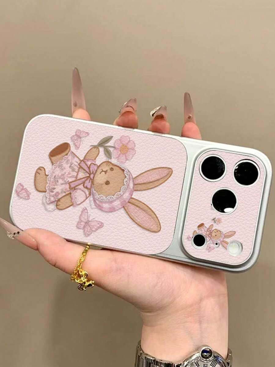 Cute Rabbit & Flower Pattern 17 Case, Compatible With IPhone 17 Pro Max, Faux Leather Texture Protective Cover Compatible With Iphone 16 Pro, Cartoon Design Compatible With Iphone 15/14 Full Body Smartphone Case - Pink - View 1