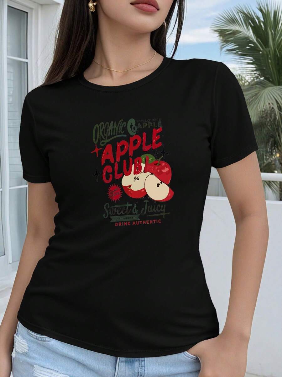 Women's T-Shirt, Regular Style Short Sleeve - 2D Geometric Design With Sweet And Juicy Organic Apple Print, Casual Short Sleeve Top With Round Neck Suitable For All Seasons, Available In Various Colors And Sizes, Festive Fashion, Retro Aesthetic, Breathable Material, Fun Print. - 黑色 - 查看 1