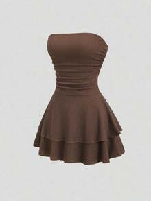 Vestido mini de punto sin tirantes de unicolor minimalista para mujer, vestido de pastel de múltiples capas - Marrón Mocha - Ver 8