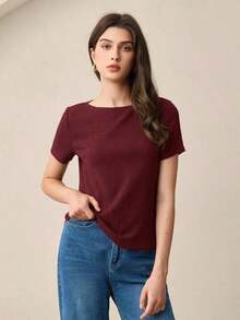 llegado de primavera/verano Camiseta de cuello barco en marfil, diseño de ribete en contraste negro, tejido texturizado, lazo de cintura ajustable, versátil para oficina, viajes, negocios, eventos sociales, formales, Día de la Madre, fiestas - Burdeos - Ver 3