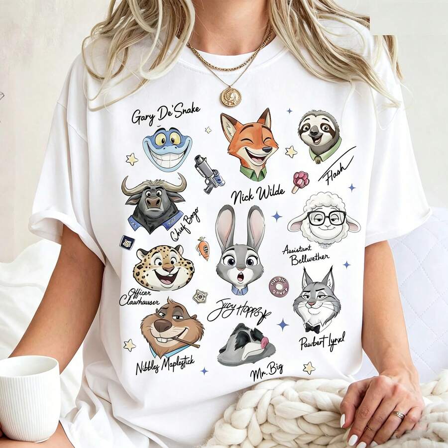 Disney Zootopia Characters Signature Sketch T-Shirt, Disneyland Family Matching Shirt, Zootropolis Judy Hopps Nick Gary Nibbles Bogo Shirt Disney Oversized T-Shirt - trắng - Xem 1
