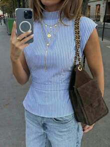 Blusa de bambú y lino con cuello arrugado, mangas asimétricas, plisado lateral y cintura ceñida, para uso diario, color albaricoque, para todas las estaciones - Azul y blanco 2 - Ver 3