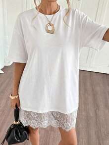 Vestido corto de verano de mujer con cuello redondo, mangas cortas de hombros caídos, parches de encaje y diseño holgado de un solo color - Blanco - Ver 7