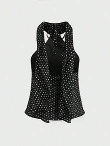 Top corto de tirantes con estampado de lunares lindo y encantador para mujer, para uso casual - Negro - Ver 2