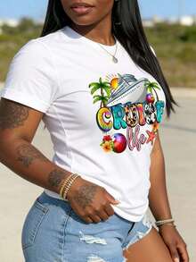 1 Piece Of Women's T-Shirt 100% Cotton With Tropical Palm Tree And Cruise Ship Print, Round Neck, Ideal For Summer Ocean Getaways And Beach Adventures, 180g 100% Cotton. - 白色 - 查看 4