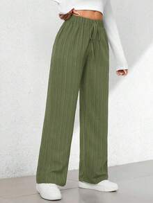 Pantalones capri de pierna ancha con textura de estilo casual de verano - Verde militar - Ver 6