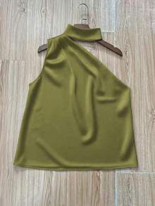 1 pieza Blusa elegante sin mangas de satén de unicolor con volantes asimétricos/asimétricos, adecuada para verano, vacaciones, oficina, hogar, uso diario, fiesta de cumpleaños, eventos formales y casuales - Verde militar - Ver 4