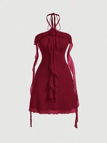 Vestido de malla elástica de punto para mujeres con decoración floral, volantes sin mangas en color lila - Burdeos - Ver 1