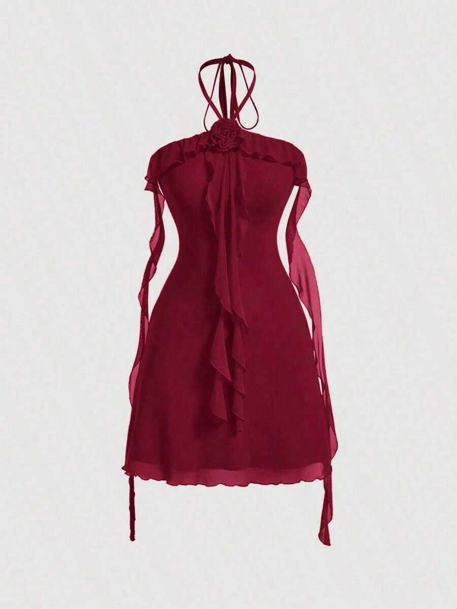 Vestido de malla elástica de punto para mujeres con decoración floral, volantes sin mangas en color lila - Burdeos - Ver 1