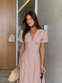 Vestido de mujer elegante y de moda de longitud media con cuello en V a rayas - Marrón - Ver 1