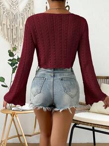 Cárdigan de punto calado de color liso casual para vacaciones - Burdeos - Ver 2