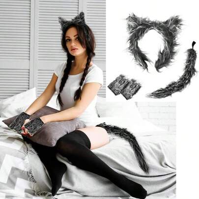 Băng đô tai sói Halloween (2 chiếc/4 chiếc/7 chiếc), đuôi sói, găng tay, băng đô cài tóc hình sói xám, phụ kiện đội đầu hình động vật cho nữ, phụ kiện hóa trang Giáng sinh, lễ hội, diễu hành, tiệc sinh nhật.