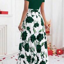 Lunessa Women Round Neck Short Sleeve Floral Print Elegant Charming Fashion Dress Burgundy Maxi Women Outfit - Rosa Pálido - Ver 3