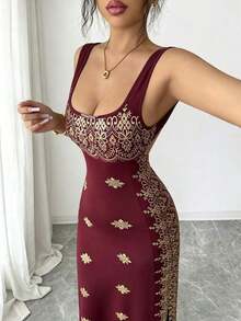 YHHSHEIN Raffinéa Vestido de verano nuevo para mujer, dorado brillante y negro, con cuello cuadrado, tirantes de espagueti, espalda descubierta, bajo con abertura, ajustado de cintura alta, adecuado para fiestas, bodas, banquetes de negocios, ocasiones diarias, galas, fiestas de boda y atuendos festivos. YHH - Rojo - Ver 4