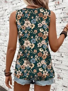 Camiseta de tirantes casual con cuello redondo y estampado floral para mujer - Multicolor - Ver 2