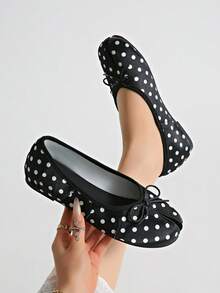 2026 Spring/Summer New Women's Shoes, Bow Decor Ballet Flats,Polka Dot - Black and White - View 3