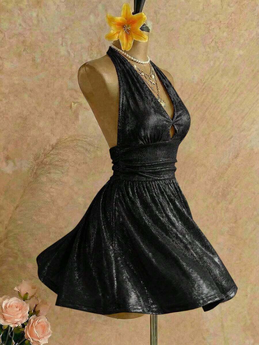 Vestido de fiesta elegante de mujer con estampado de cerezas, escote halter, espalda descubierta y cintura fruncida - Negro - Ver 1