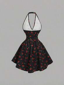 Vestido de fiesta elegante de mujer con estampado de cerezas, escote halter, espalda descubierta y cintura fruncida - Rojo y negro - Ver 6