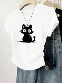 Set de 3 blusas de mujer de manga corta con cuello redondo, plisadas, de unicolor minimalista con detalle de lazo y estampado, para el verano - Multicolor 6 - Ver 4