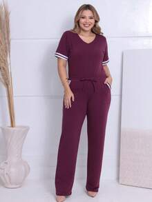 Women's Striped Set - Pants And Top In Lightweight Fleece With White Details - Comfortable Style - Burgundy - View 5