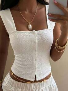 Top corto ajustado de cuello cuadrado de tela texturizada de unicolor minimalista para mujer, ideal para el verano, vacaciones y uso diario - Blanco - Ver 1