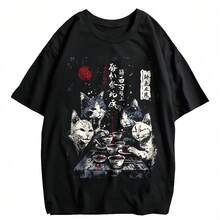 Camiseta negra de manga corta para mujer, sexy e informal, con estampado de gato único, largo regular, tejido de punto ligeramente elástico. - Negro - Ver 1