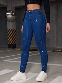 ALO FASHION Pantalones vaqueros de mezclilla para mujer con brillantes adornos de pedrería, sexys pantalones largos ajustados de talle alto - azul real - Ver 1