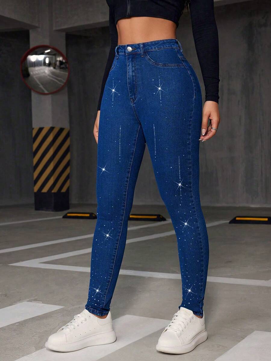 ALO FASHION Pantalones vaqueros de mezclilla para mujer con brillantes adornos de pedrería, sexys pantalones largos ajustados de talle alto - azul real - Ver 1