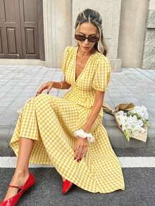 Vestido midi de corte evasé con cuello en V, mangas con volantes y cintura ceñida con estampado de cuadros para mujer - Amarillo - Ver 6