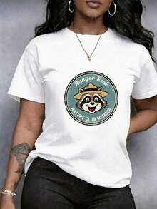 Women's T-Shirt With Floral Print And Raccoon Hat And Text Design, Short Sleeves And Round Neck, Available In Plus Sizes, Sporty Elastic Style, Comfortable And Breathable, Versatile, Sweat-Absorbing, Ideal For Training And Casual Wear, For Casual Wear At Home - 黑色 - 查看 6