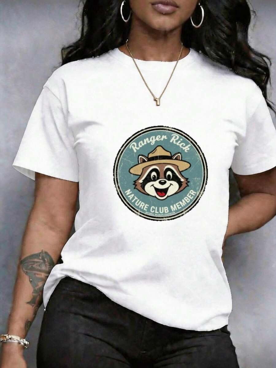 Women's T-Shirt With Floral Print And Raccoon Hat And Text Design, Short Sleeves And Round Neck, Available In Plus Sizes, Sporty Elastic Style, Comfortable And Breathable, Versatile, Sweat-Absorbing, Ideal For Training And Casual Wear, For Casual Wear At Home - Putih - View 1