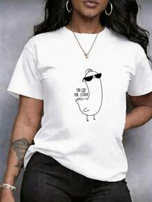 Women's Short Sleeve T-Shirt With Tropical Bird Letter Print, Sunglasses And Text, Soft Round Neck, Casual Crew Neck, Versatile Women's Casual Sporty Style For Casual Wear, Daily Wear, Dates Or Casual Wear, Comfortable Soft Breathable Garment - 白色 - 查看 6