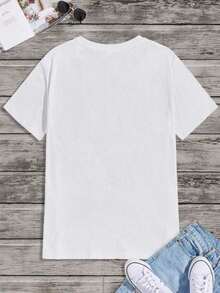 Camisa con estampado de letras para mujer Camiseta casual suelta con estampado gráfico - Blanco - Ver 2