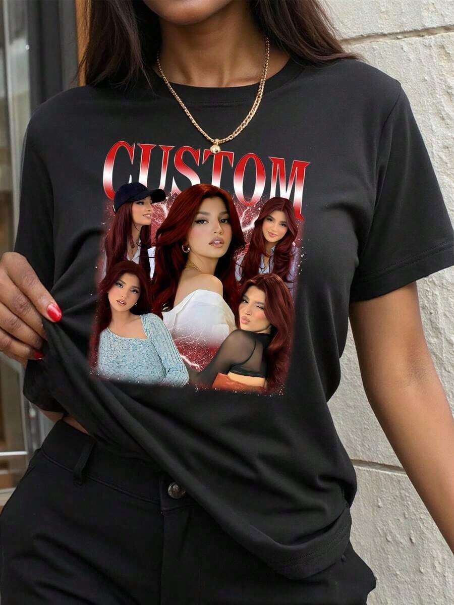 Camisetas personalizadas de novia estilo Y2K bootleg, camisetas personalizadas, camisetas personalizadas con fotos, camisetas personalizadas con fotos retro, camisetas personalizadas de rap bootleg, camisetas y camisas personalizadas para mujer - Agrega tu propio texto e imágenes (fotos de pareja/novia/familia/selfies/mascotas/amigos/fotos de fiesta) para diseñar tus propias camisetas personalizadas, de estilo a la moda, inocente, sexy, retro, regalos para ella/él Negro Verano - Negro - Ver 1