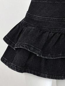 Falda de mezclilla de moda para mujer con diseño de cintura con botones y dobladillo con doble volante - Negro - Ver 4