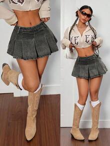 Minifalda de mezclilla para mujer PETITE, falda plisada de caqui con talle ultra bajo sexy, falda de Acción de Gracias para mujer, falda de Navidad, falda de caqui para mujer, falda de mezclilla Y2K, falda de mezclilla vintage, talle bajo - Negro - Ver 1