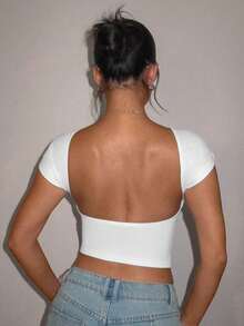 Camiseta casual de mujer de cuello de pico, manga corta y ajustada, versátil - Blanco - Ver 2