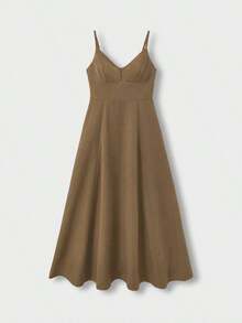 Vestido midi elegante de mujer con cuello en V, vestido de tirantes de mezcla de lino con corte evasé y espalda descubierta, adecuado para vacaciones, playa, boda, fiesta de cóctel - Marrón - Ver 6