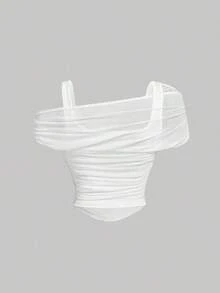 Top sin mangas para mujer con superposición de malla de unicolor, verde - Blanco - Ver 2